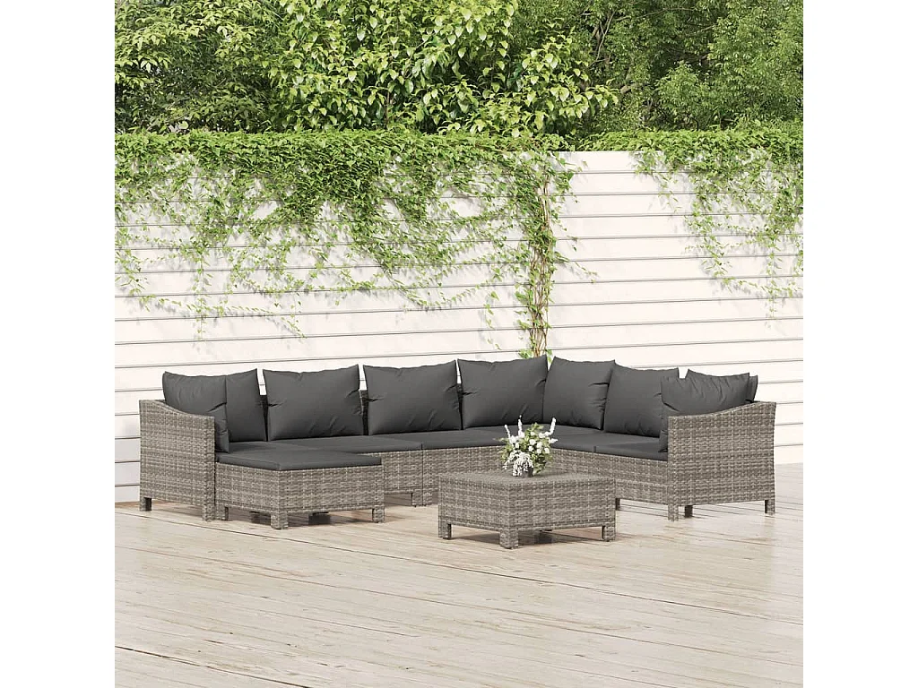 8 pcs conjunto lounge de jardim c/ almofadões vime PE cinzento