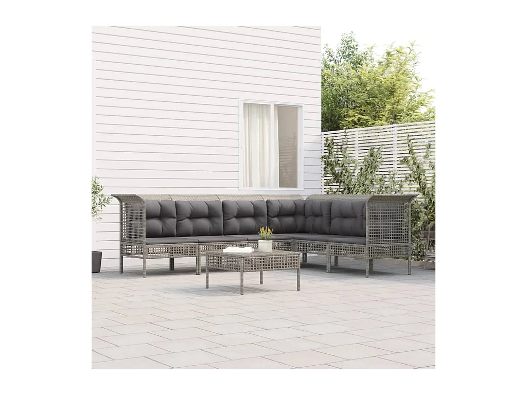 Salon de jardin 7 pcs avec coussins Gris Résine tressée