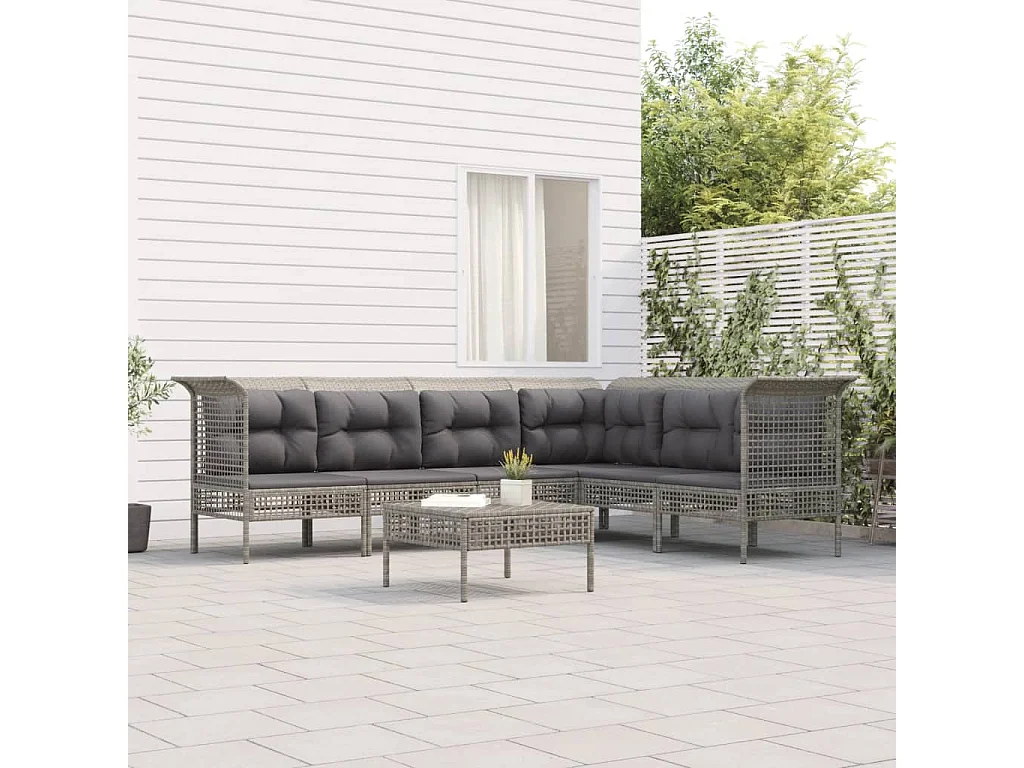 7-tlg. Garten-Lounge-Set mit Kissen Grau Poly Rattan