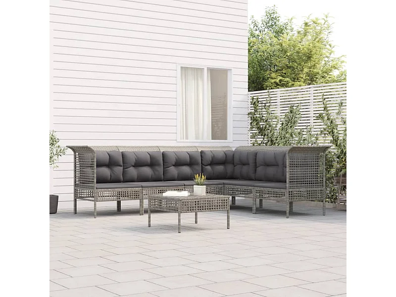 7 pcs conjunto lounge de jardim c/ almofadões vime PE cinzento