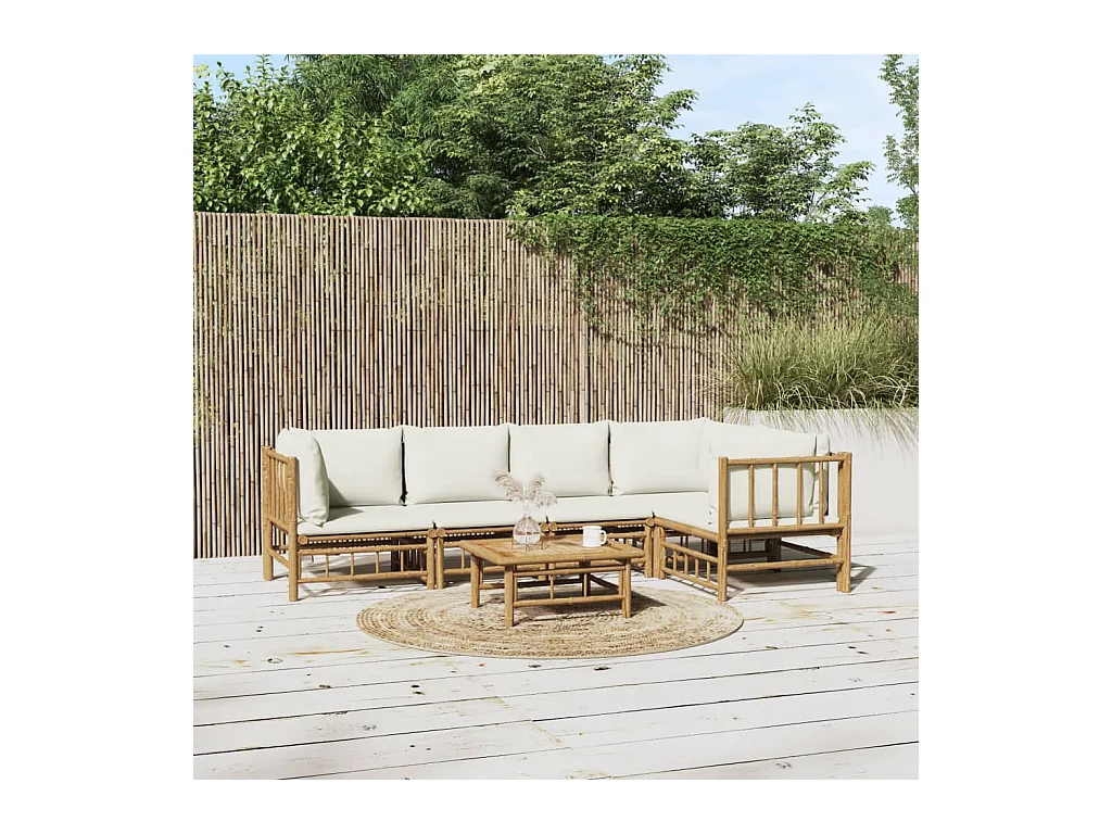 Salon de jardin 6 pcs avec coussins blanc crème bambou