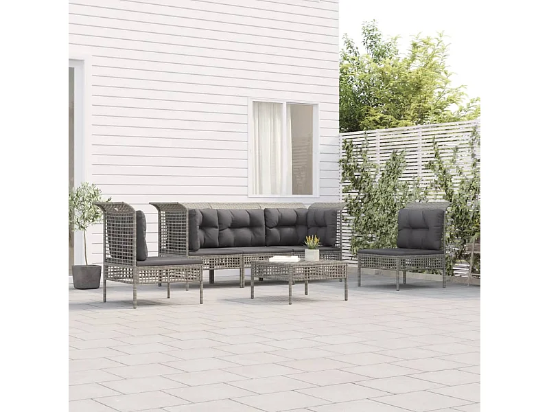6-tlg. Garten-Lounge-Set mit Kissen Grau Poly Rattan