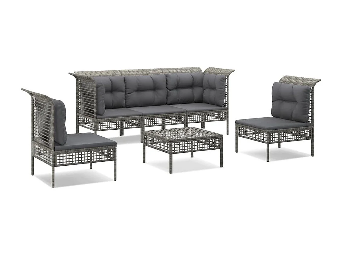 6-tlg. Garten-Lounge-Set mit Kissen Grau Poly Rattan
