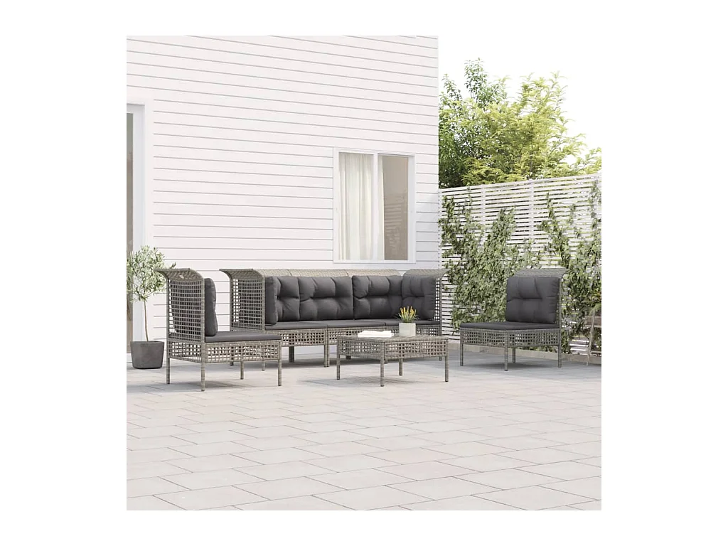 6-delige Loungeset met kussens poly rattan grijs