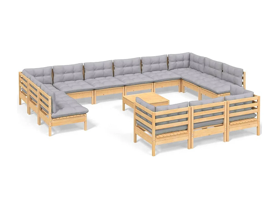 Salon de jardin 14 pcs avec coussins gris Bois de pin