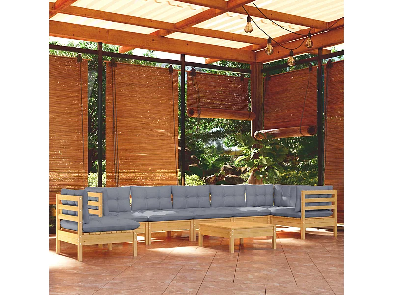 9-tlg. Garten-Lounge-Set mit Grauen Kissen Kiefer Massivholz