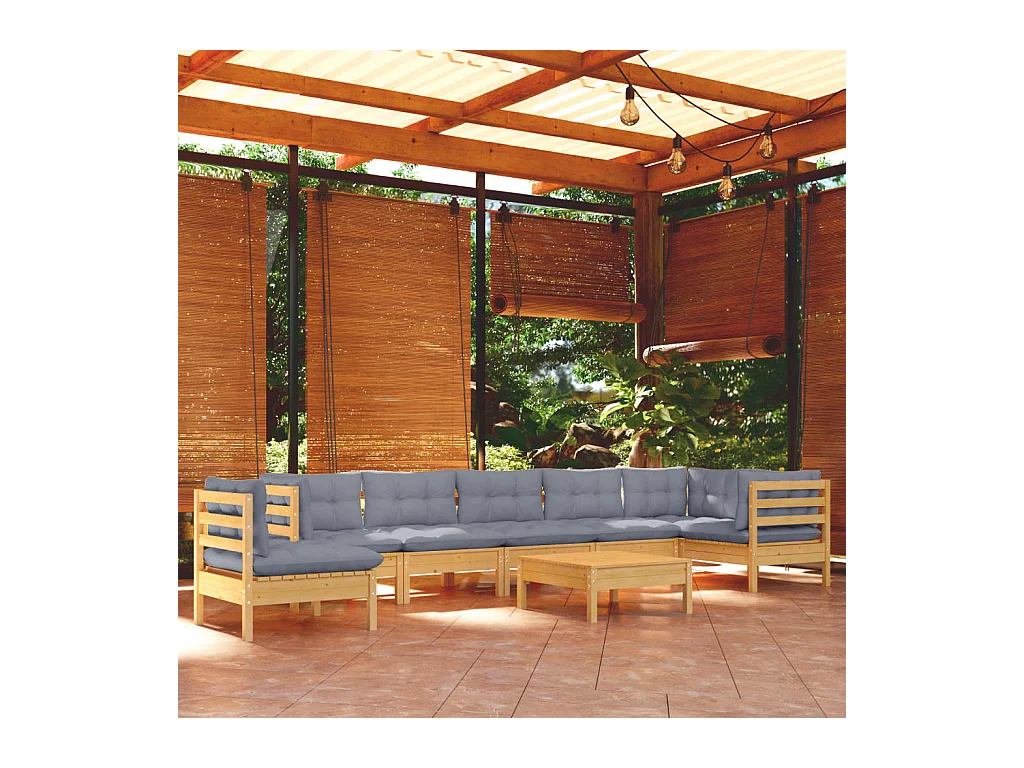 Set Divani da Giardino 9 pz con Cuscini Grigi Massello di Pino