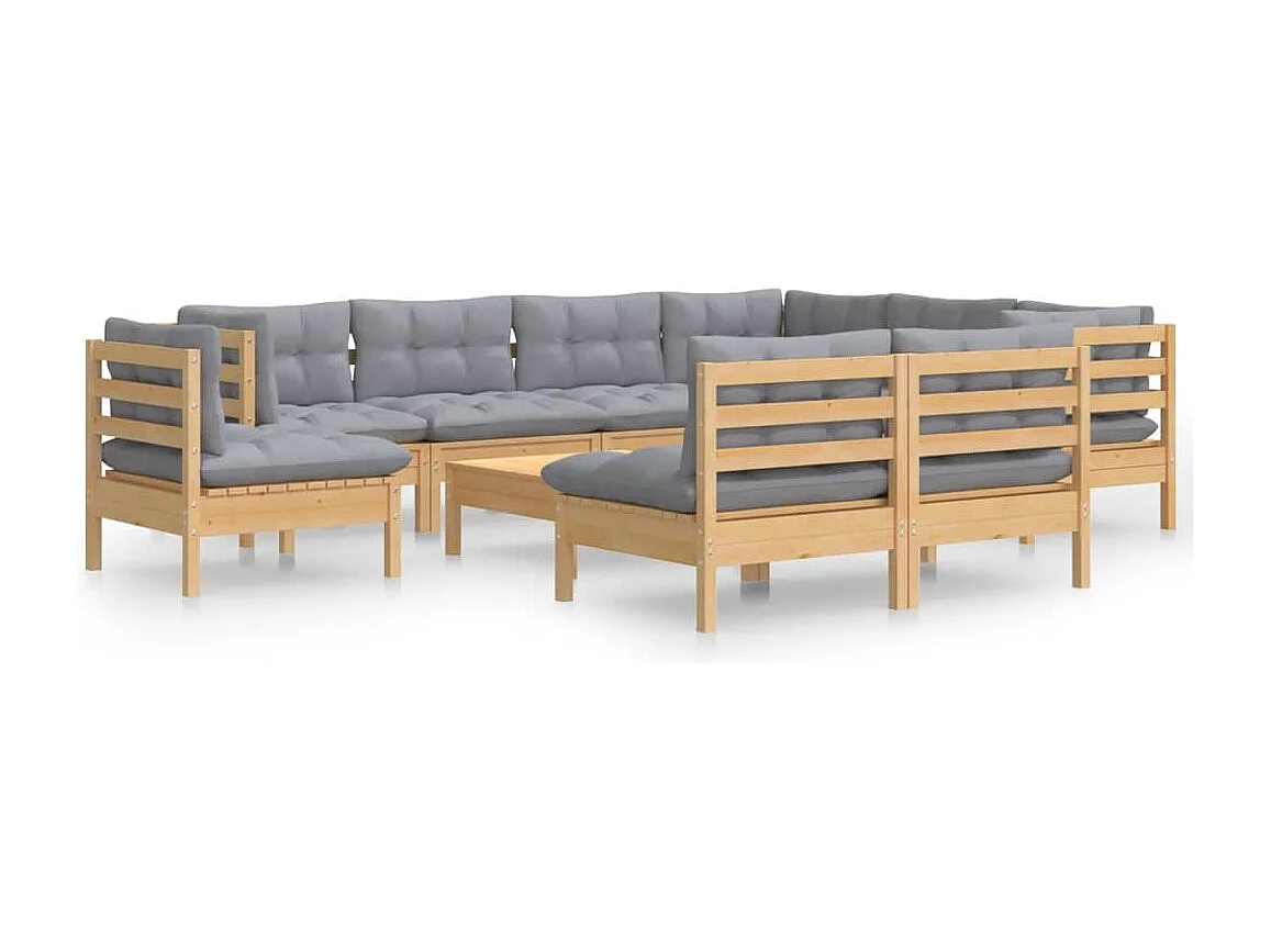 Salon de jardin 10 pcs avec coussins gris bois de pin massif