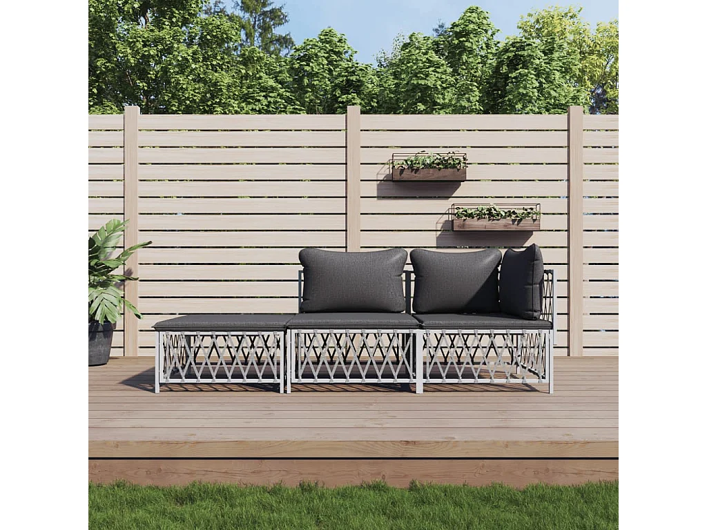 Salon de jardin avec coussins 3 pcs blanc acier