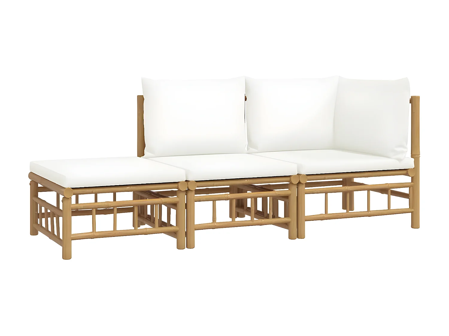 Set Salotto da Giardino 3pz con Cuscini Bianco Crema in Bambù