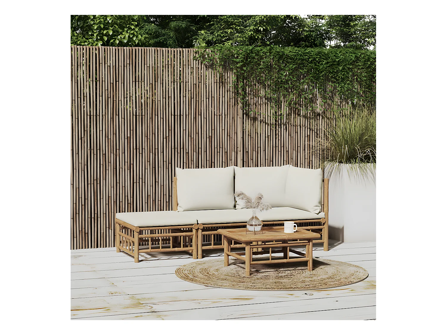 Salon de jardin 3 pcs avec coussins blanc crème bambou