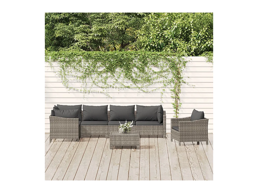 7-tlg. Garten-Lounge-Set mit Kissen Grau Poly Rattan