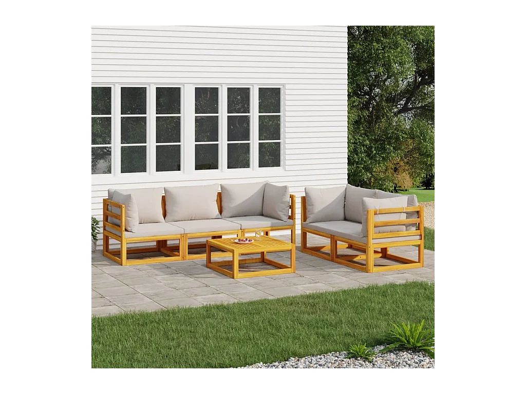 Set Salotto Giardino 6pz Cuscini Grigio Chiaro Legno Massello