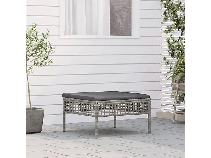 Poggiapiedi da Giardino con Cuscino in Polyrattan Grigio