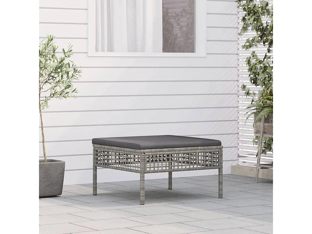 Poggiapiedi da Giardino con Cuscino in Polyrattan Grigio