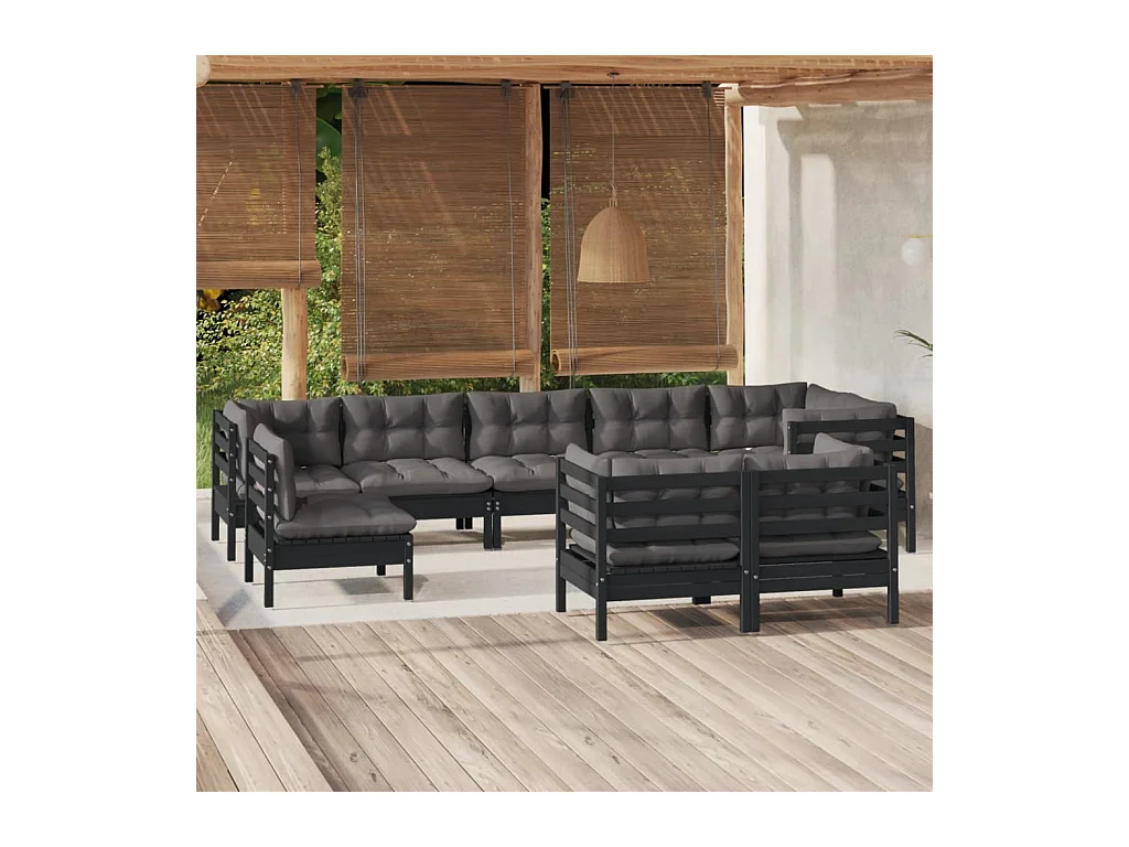 Salon de jardin 9 pcs avec coussins Noir Bois de pin massif