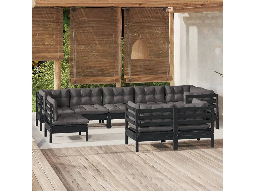 Salon de jardin 9 pcs avec coussins Noir Bois de pin massif