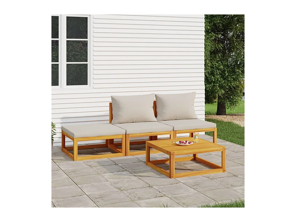 Salon de jardin 4 pcs avec coussins gris clair bois massif