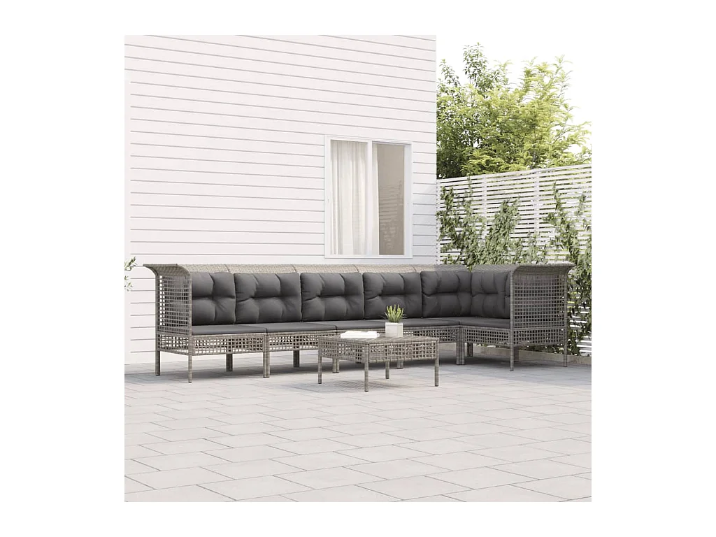 7-delige Loungeset met kussens poly rattan grijs