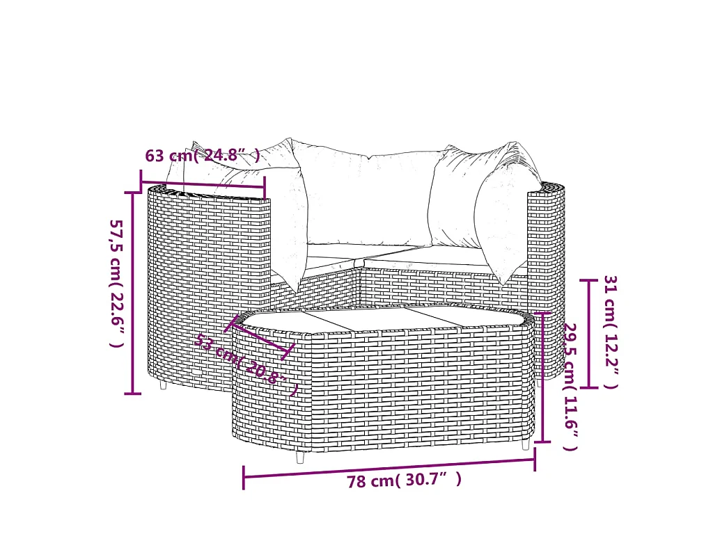 Salon de jardin 4 pcs avec coussins Noir Résine tressée
