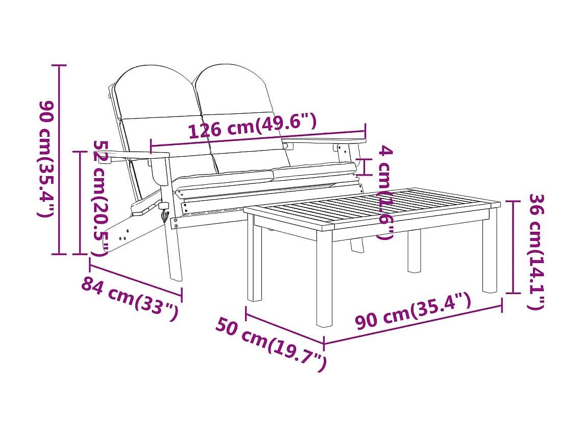 Ensemble de salon de jardin Adirondack 3 pcs bois acacia solide