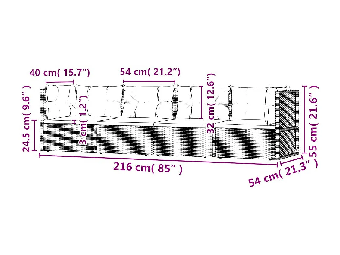 4-tlg. Garten-Lounge-Set mit Kissen Grau Poly Rattan