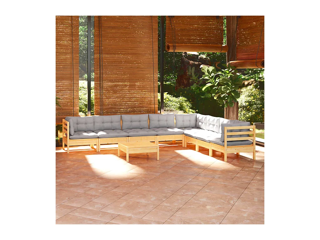 Set Divani da Giardino 9 pz con Cuscini Grigi Massello di Pino