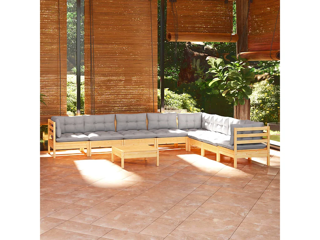 Salon de jardin 9 pcs avec coussins gris bois de pin massif