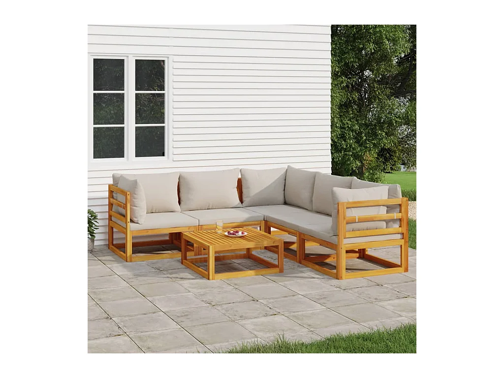 Salon de jardin 6 pcs avec coussins gris clair bois massif