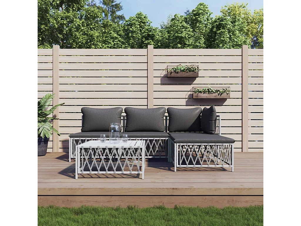 Salon de jardin avec coussins 5 pcs blanc acier