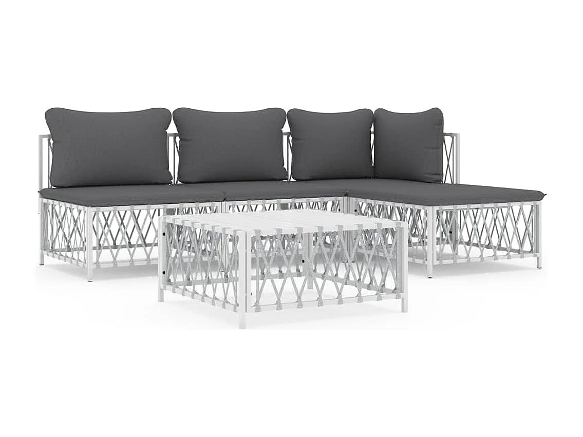 Salon de jardin avec coussins 5 pcs blanc acier