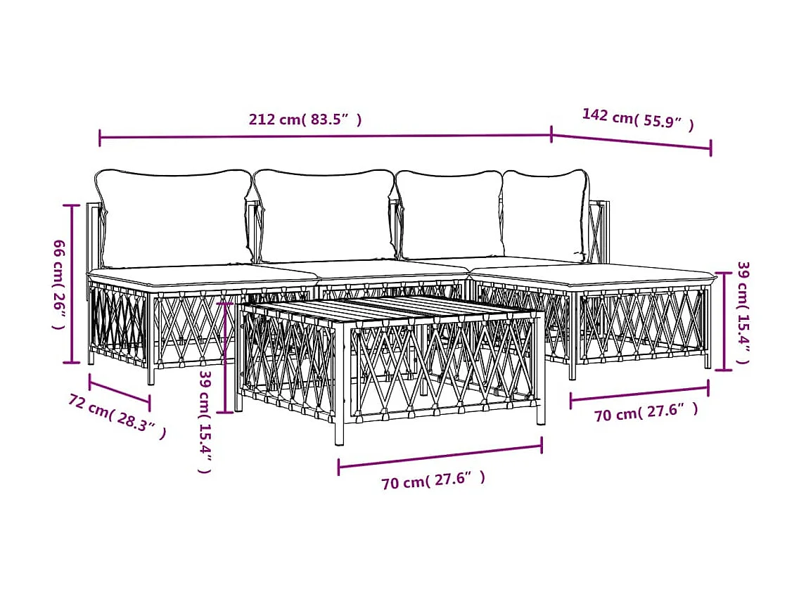 Salon de jardin avec coussins 5 pcs blanc acier