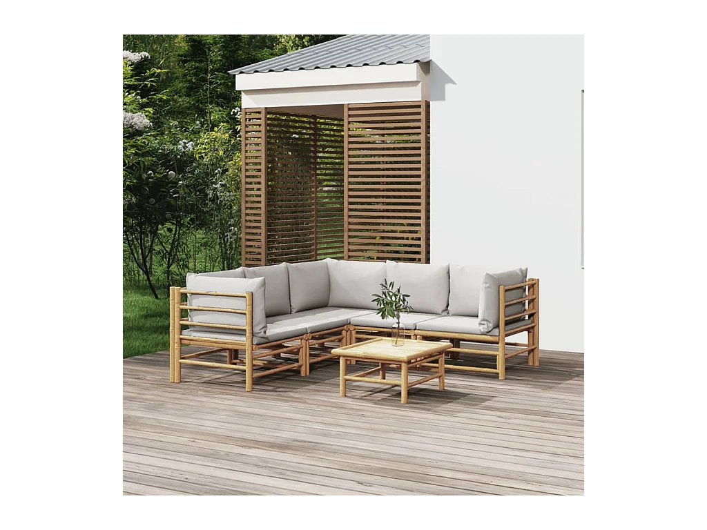Set Salotto da Giardino 6pz con Cuscini Grigio Chiaro Bambù