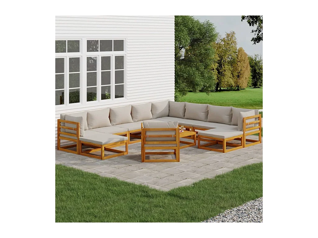 Set muebles jardín 12 pzas madera maciza y cojines gris claro