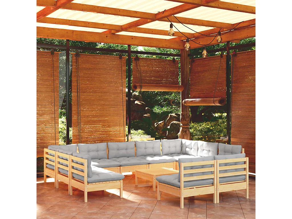 Set Divani da Giardino 12 pz con Cuscini Grigi Massello di Pino