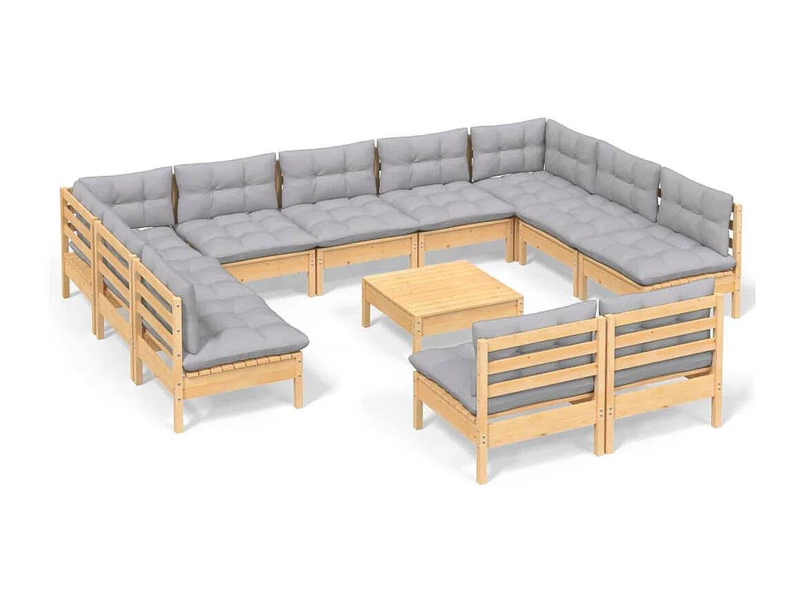 Set Divani da Giardino 12 pz con Cuscini Grigi Massello di Pino