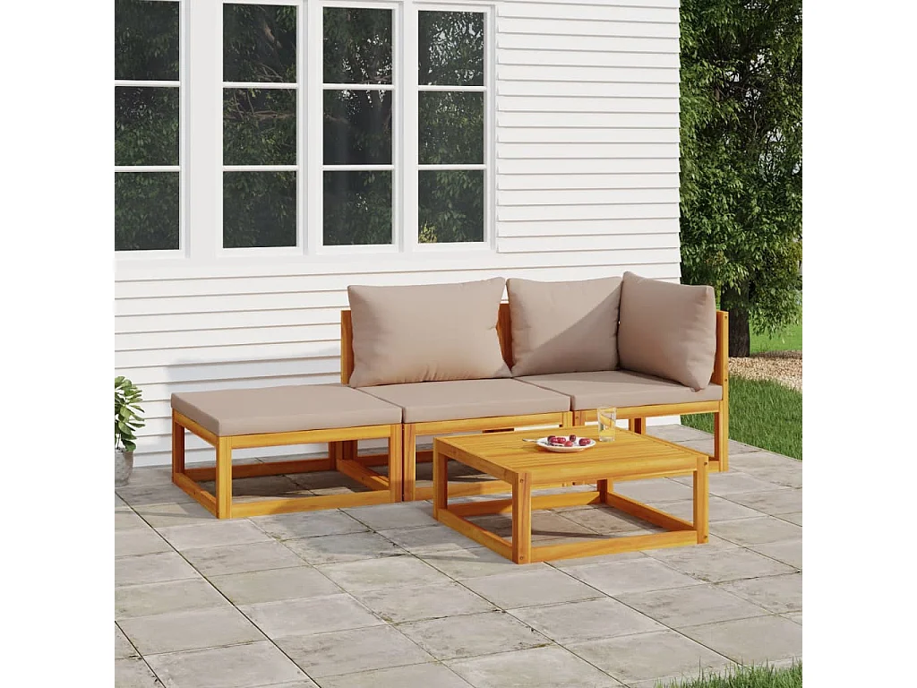 Salon de jardin 4 pcs avec coussins taupe bois massif