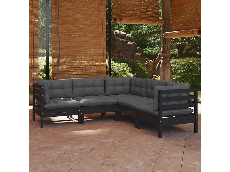 Set Divani da Giardino 5 pz con Cuscini Neri Massello di Pino