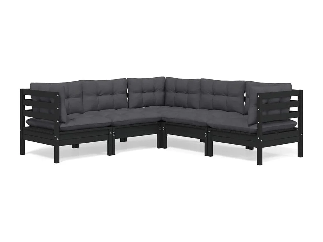 5 pcs conjunto lounge jardim c/ almofadões pinho maciço preto