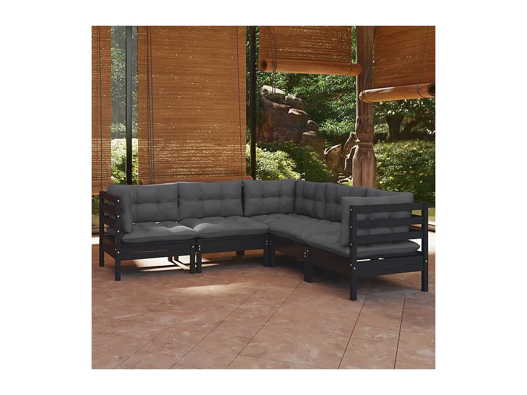 Salon de jardin 5 pcs avec coussins Noir Bois de pin solide