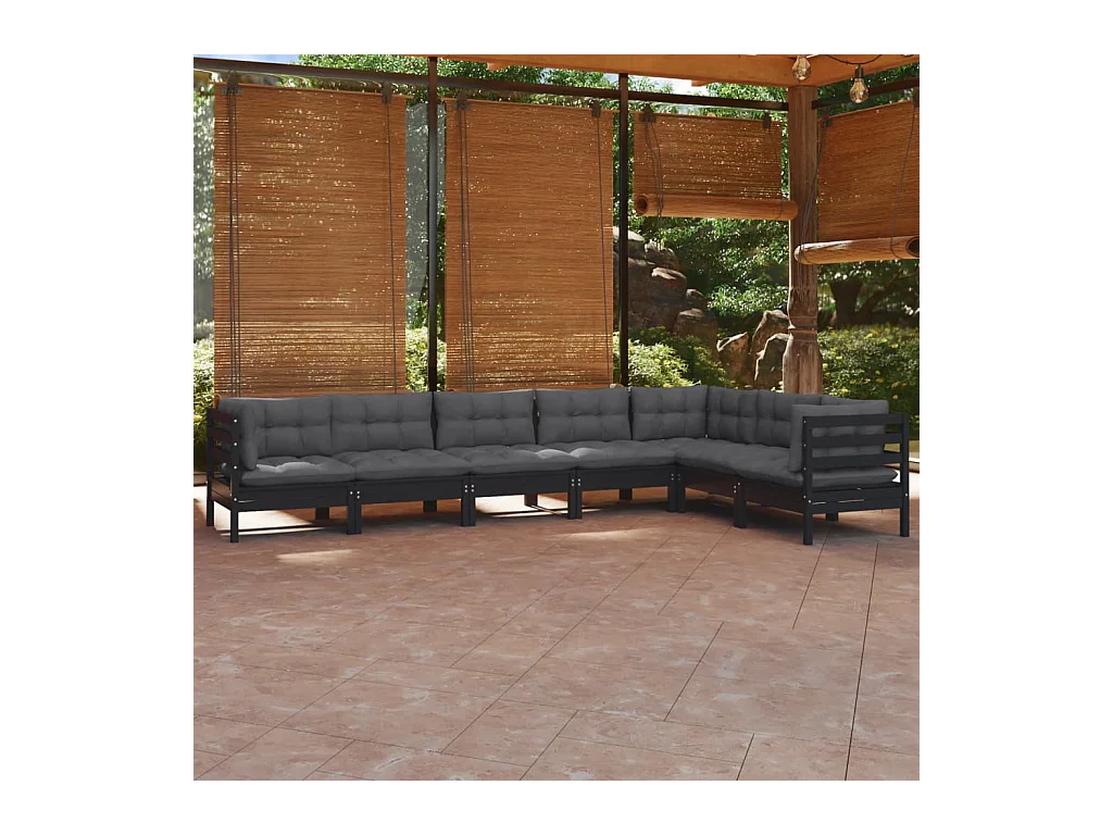 Salon de jardin 7 pcs avec coussins Noir Bois de pin massif