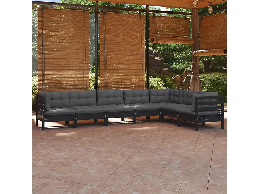 Salon de jardin 7 pcs avec coussins Noir Bois de pin massif