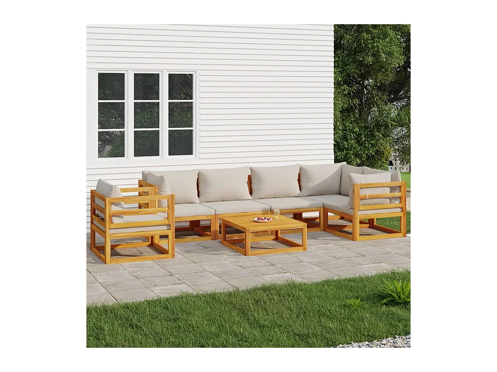 7-tlg. Garten-Lounge-Set mit Hellgrauen Kissen Massivholz