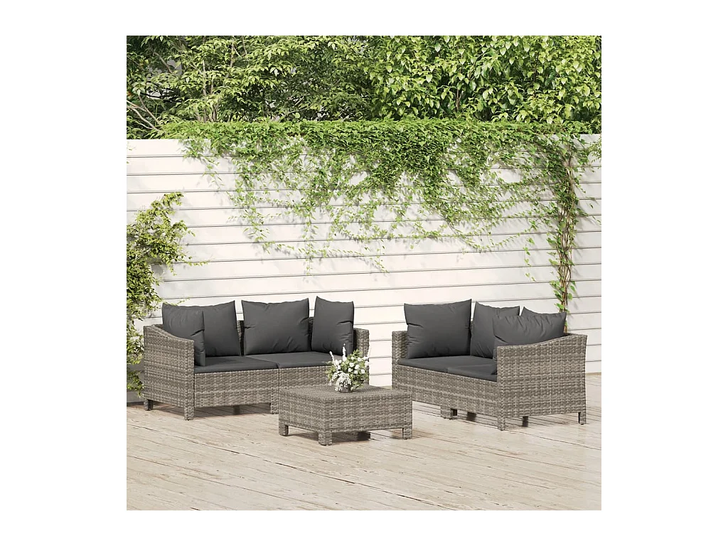 Salon de jardin 5 pcs avec coussins Gris Résine tressée