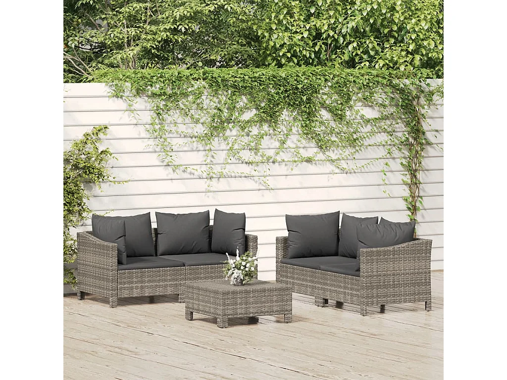 Salon de jardin 5 pcs avec coussins Gris Résine tressée