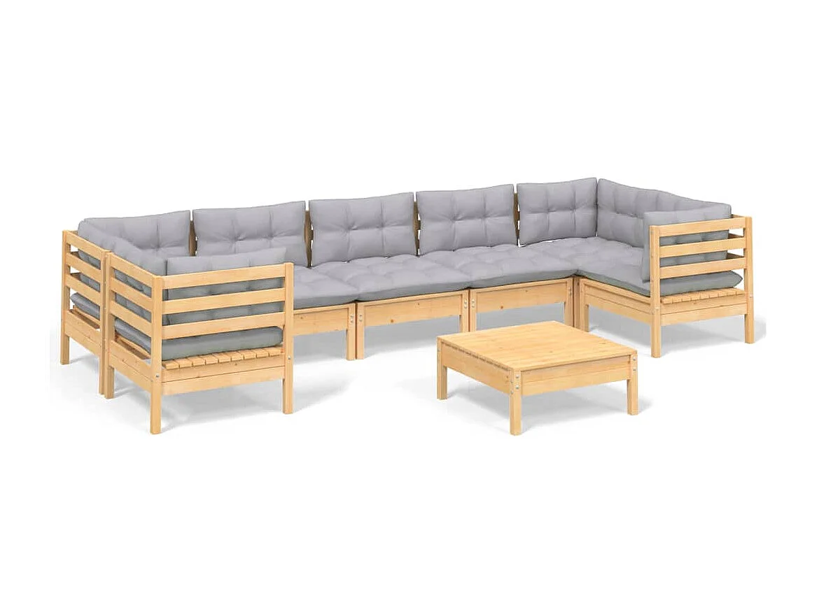 Salon de jardin 8 pcs avec coussins gris Bois de pin