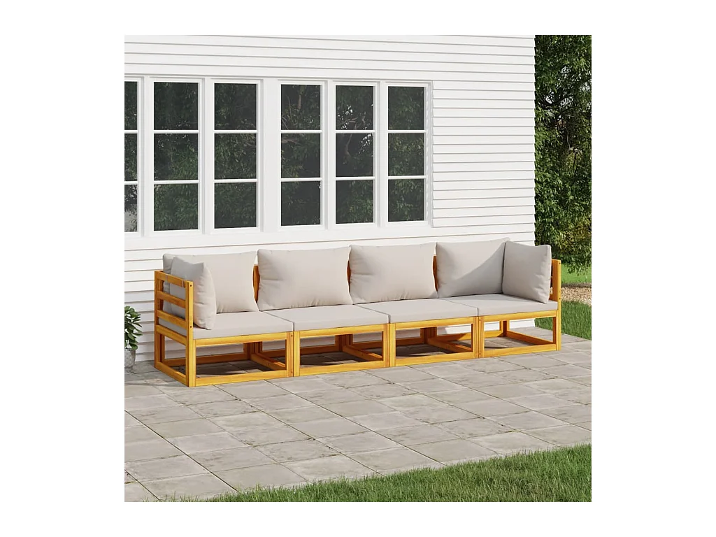 Salon de jardin 4 pcs avec coussins gris clair bois massif