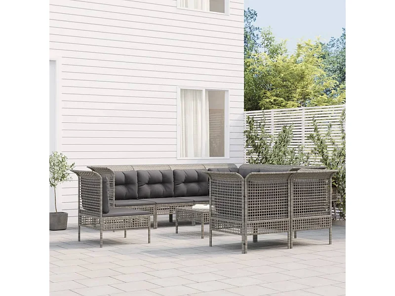 9 pcs conjunto lounge de jardim c/ almofadões vime PE cinzento