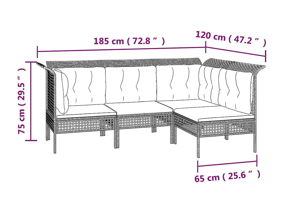 9 pcs conjunto lounge de jardim c/ almofadões vime PE cinzento