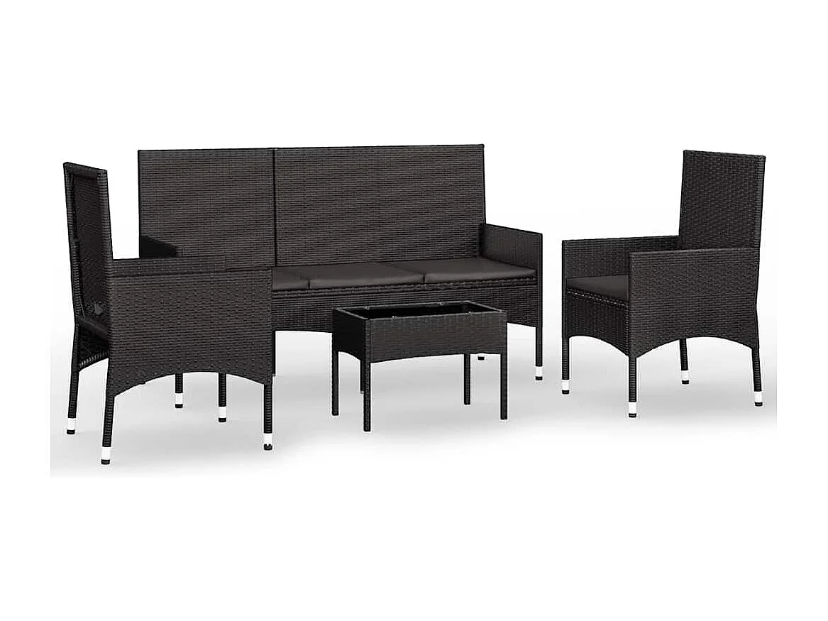 Salon de jardin 4 pcs avec coussins Noir Résine tressée